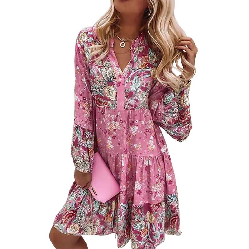 Flower Print Long Sleeve V Neck Casual Dress for Spring and Fall