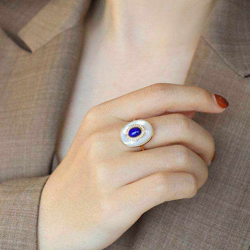 Vintage lapis lazuli engagement ring adjustable white fritillaria oval rings for women high-end classic Light luxury jewelry