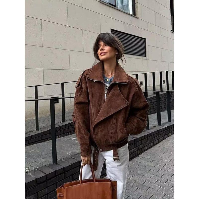 Yamano Tour Brown Beauty Style Retro Maillard Cool Style Lapel Suede Motorcycle Clothing Jacket Loose Short coat