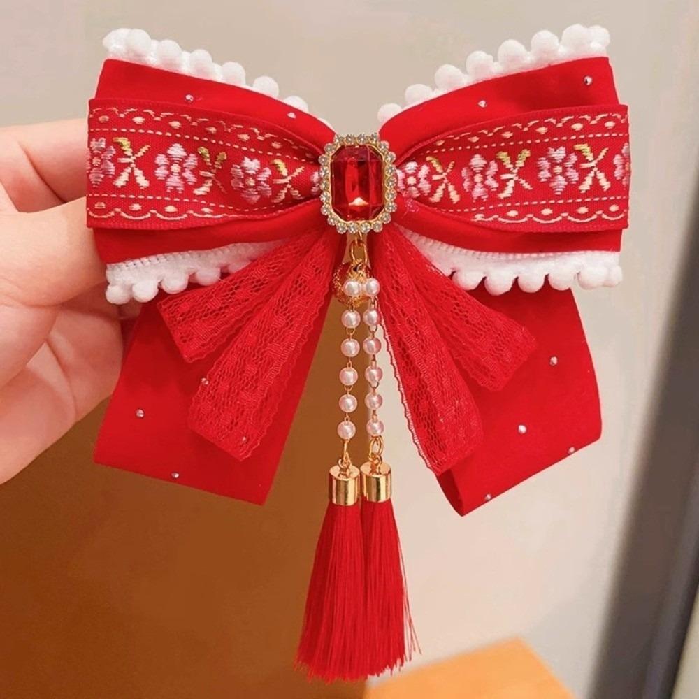 Flower Bow Ribbon Hair Clip Red Hanfu Hair Ornamen Chinese Style New Year Hairpin  Festival