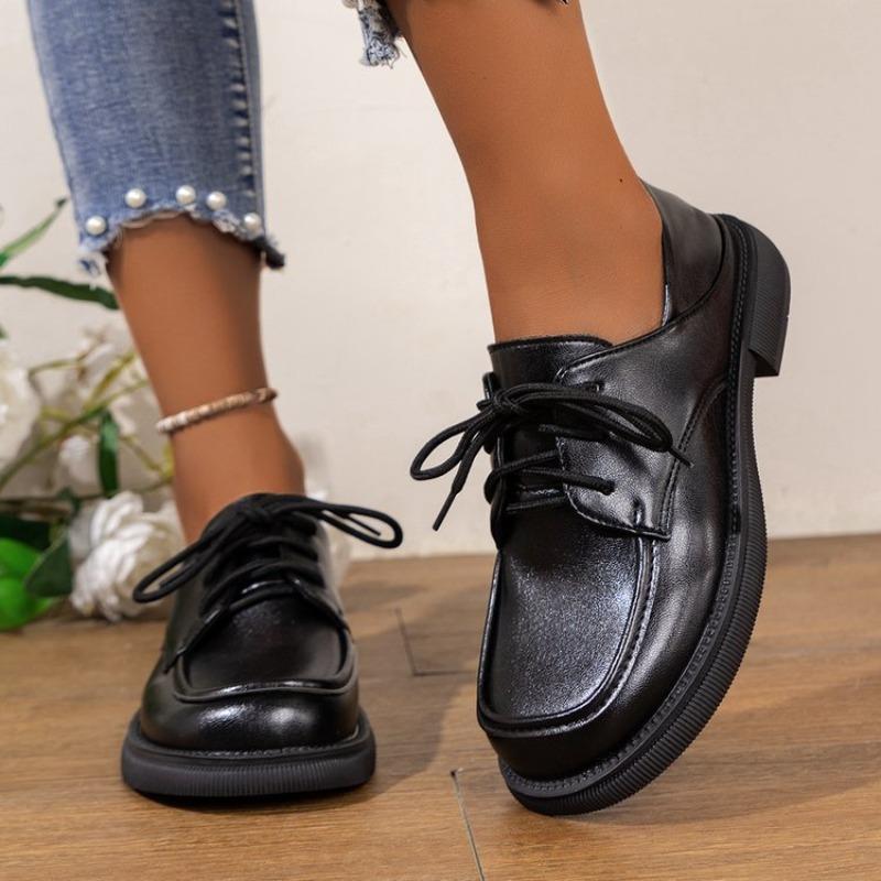 Fashion Large Size Loafers Female Black Single Shoes Female Summer 2025 New Lace-up British Style Small Leather Shoes