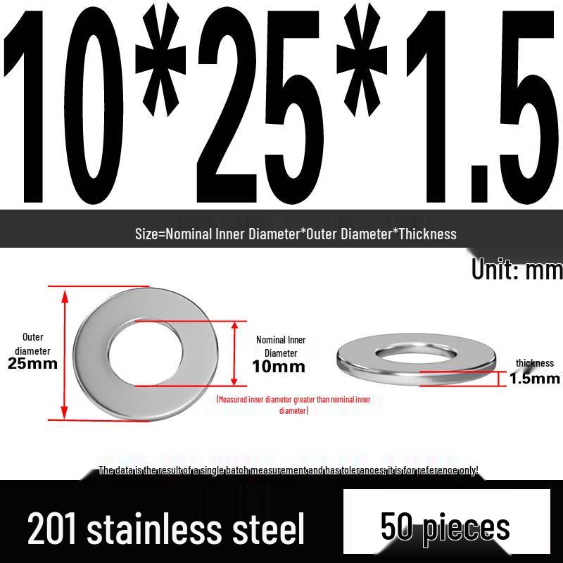 201 Stainless Steel Flat Washer Shim, GB97, Sizes M3 to M30