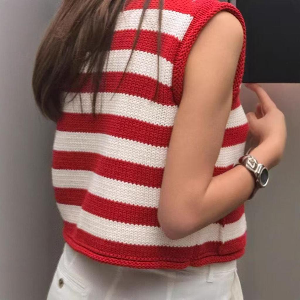 Wiosenno-jesienna codzienna damska kamizelka swetrowa w paski bez rękawów, dziergana kamizelka top dla kobiet