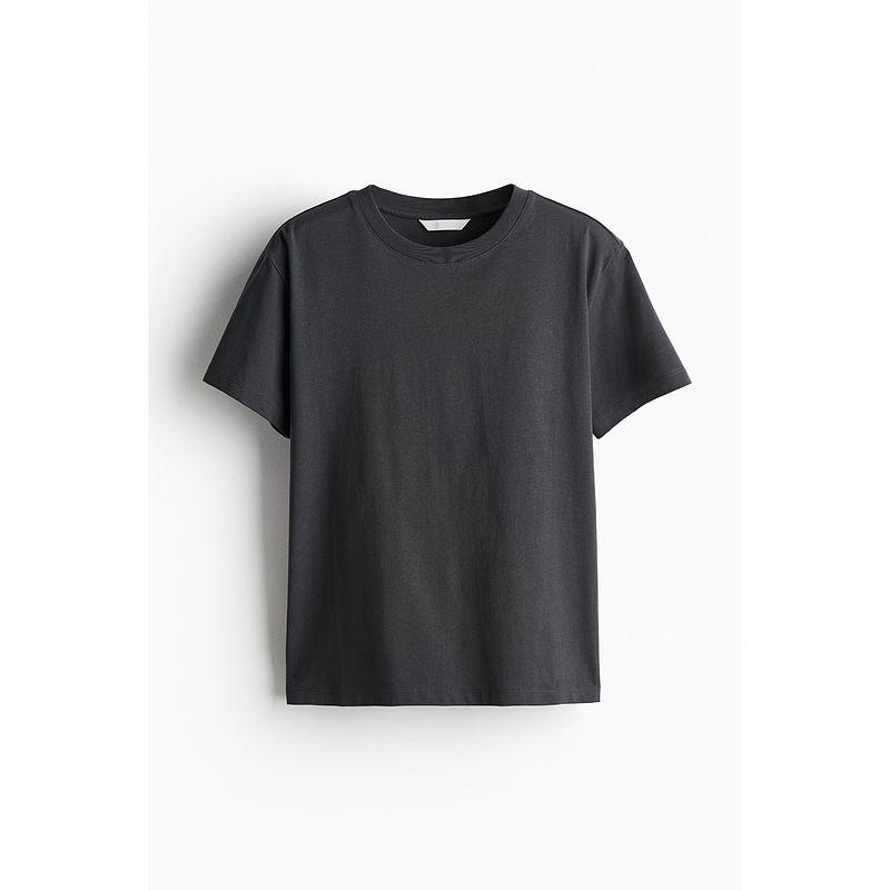 

HM Women s T-shirt 2025 Summer New Arrival Loose round Neck Simple and Soft Jersey Cotton Short Sleeve Tops 0963662 Dark gray 155/80(XS)