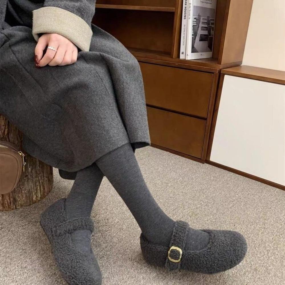 Fashion Round Toe Wool Ballet Flats Woman Concise Warm Plush Loafers Ladies Brand Design Fluffy Mary Jane Shoes in Red Grey