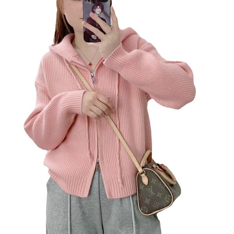 Autumn and winter new loose fashion solid color hooded sweater wearing soft waxy knitted cardigan zipper jacket