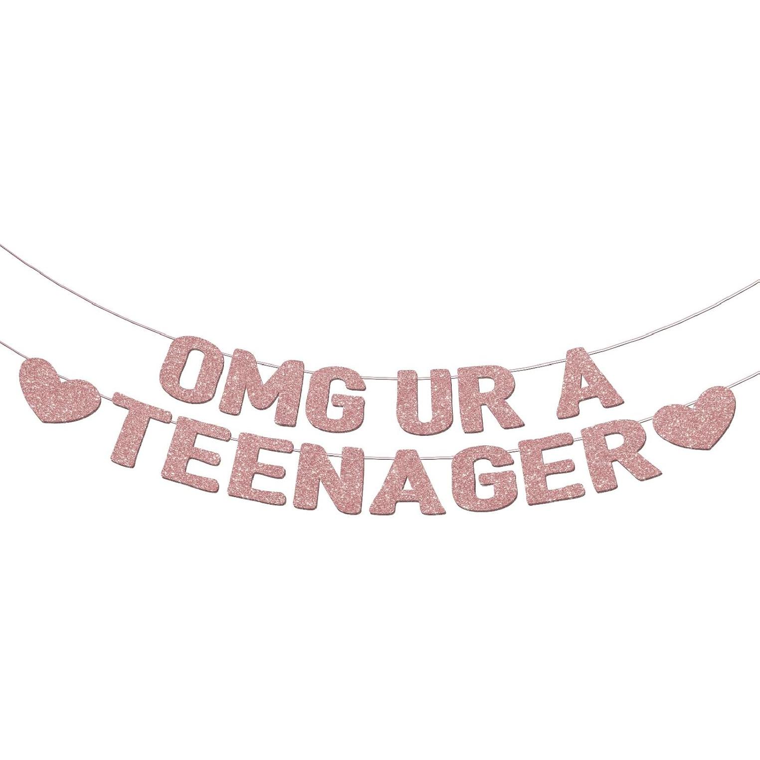 OMG UR A TEENAGER Banner – 13th Birthday Decorations for Girls, Rose Gold Glitter Happy 13th Bday Party Decor, Pre-Strung Teen Girl Birthday