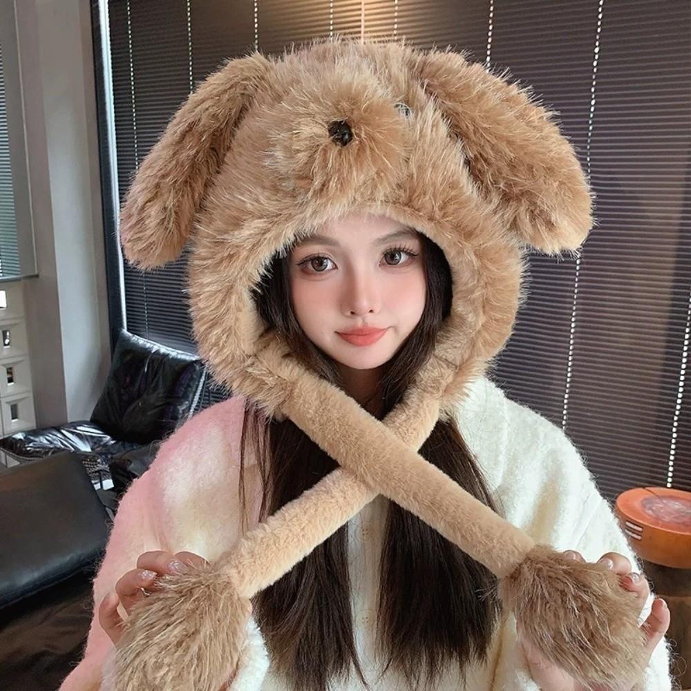 Kawaii Movable Puppy Ears Hat Cartoon Warm Cap Casual Fluffy Lei Feng Hat Girls