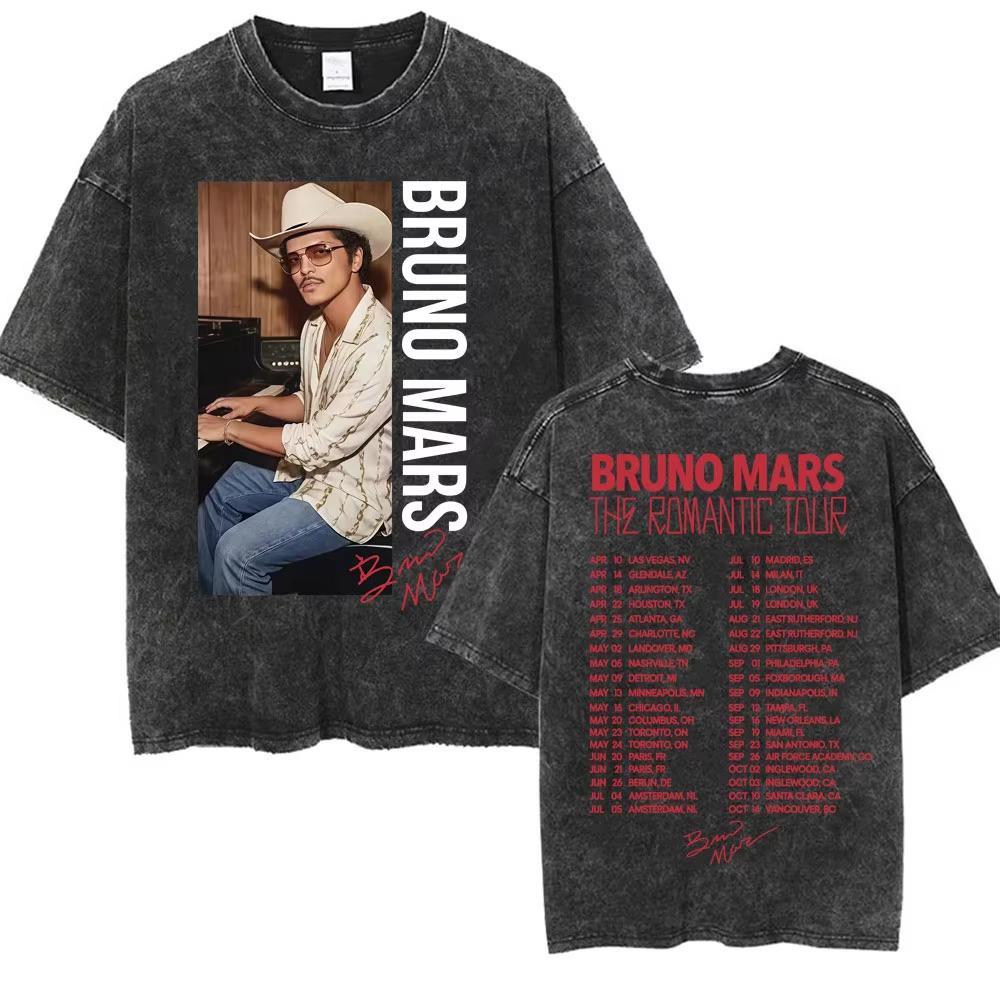 Bruno Mars The Romantic Tour 2026 Vintage Gewassen T-shirt Mannen Vrouwen Mode Hip Hop Pop Muziek T-shirt Zomer Casual Katoenen T-shirt