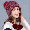 Women Winter Warm Knitted Cap Fleeced Earmuffs Cap with Cute Plush Balls