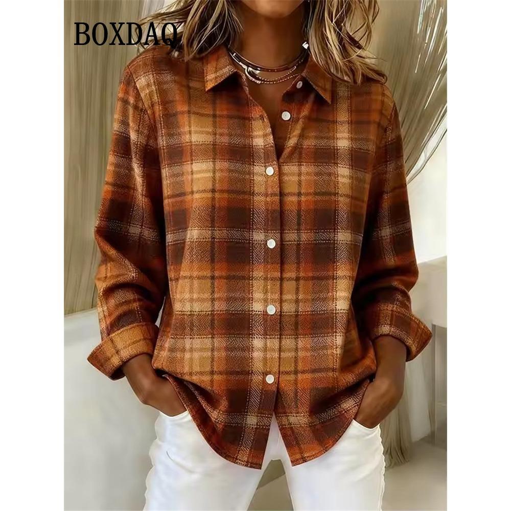 Spring Women's Blouse Summer Classic Plaid Printed Shirts Casual Outdoor Streetwear Long-Sleeve Button Shirt Everyday Tops