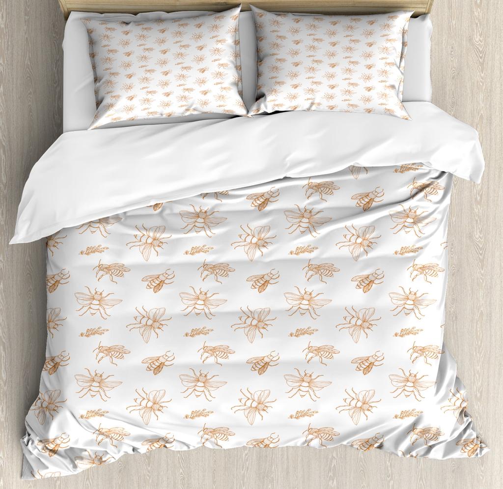 Be Quen Sized Dimensions Soft Duvet Cover Set, Bumble Bes Producing Honey By Filing Honeycombs Cels Themed Graphic Image Print, Soft Warm