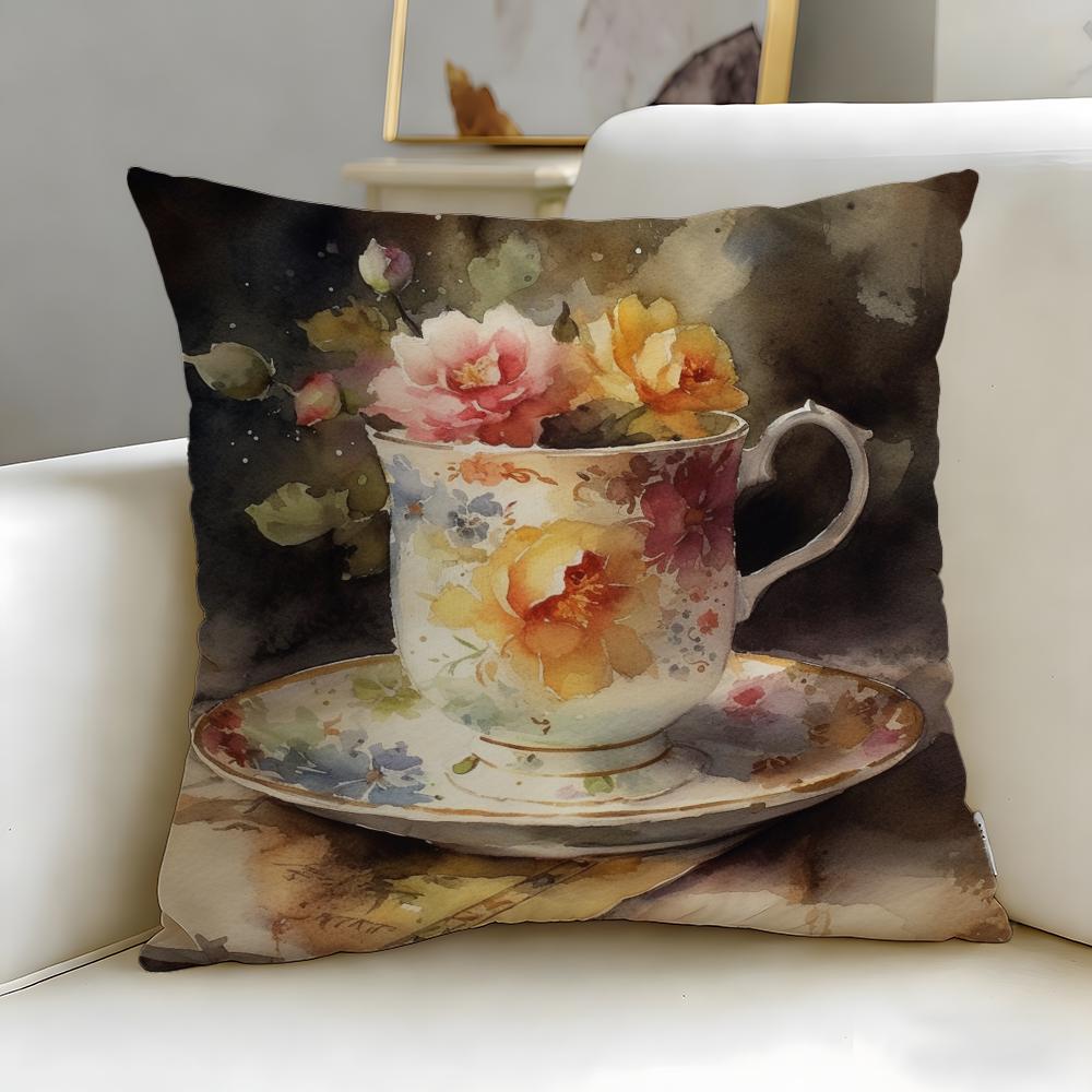 Trendy Ccup of Flowerses Cushion Cover Soft  EasyWash Pillow Case  Versatile for Couch Bed Travel and Office