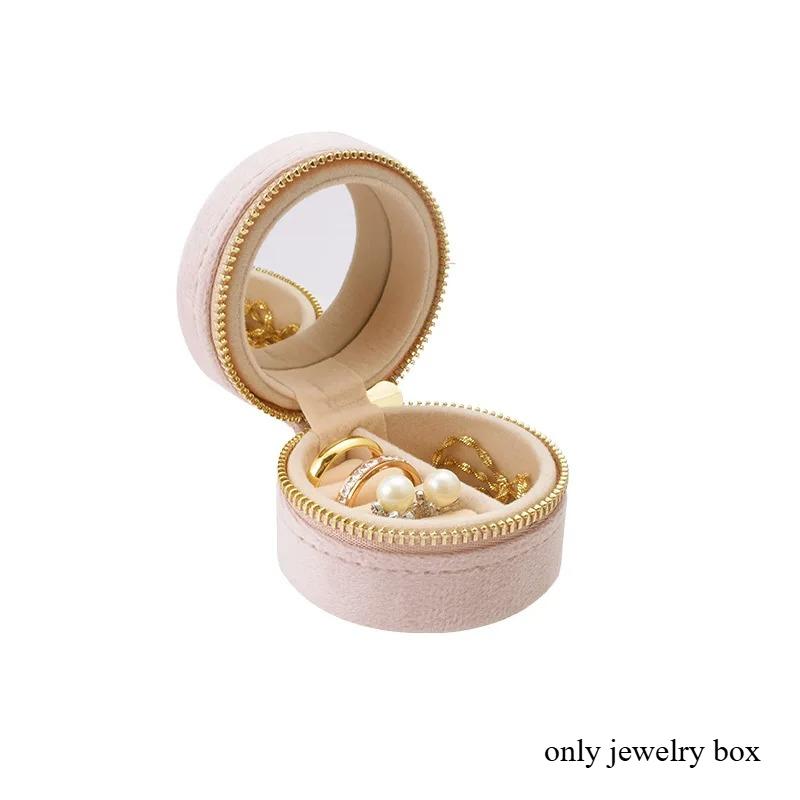 Mini Round Velvet Jewelry Box Portable Travel Organizer Case with Mirror and Zipper Rings Earrings Necklaces Small Accessories