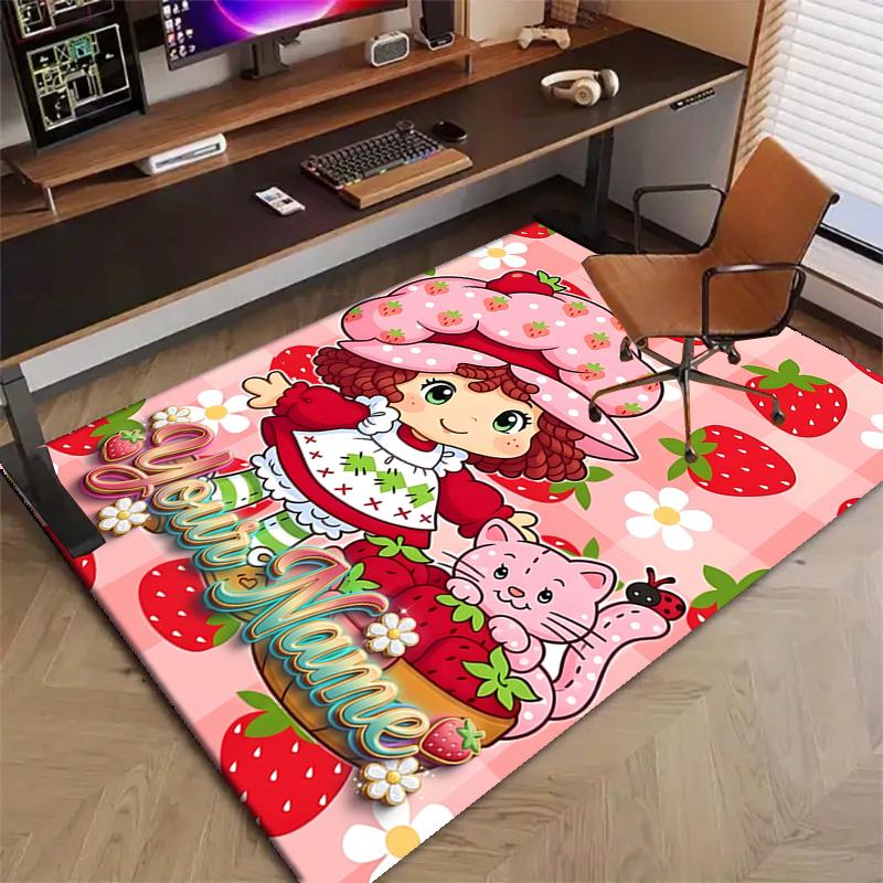 Princess Strawberry Design Area Rug Personalized Name- Non-Slip, Soft & Cozy Floor Mat for Living Room, Office - Indoor/Outdoor Carpet
