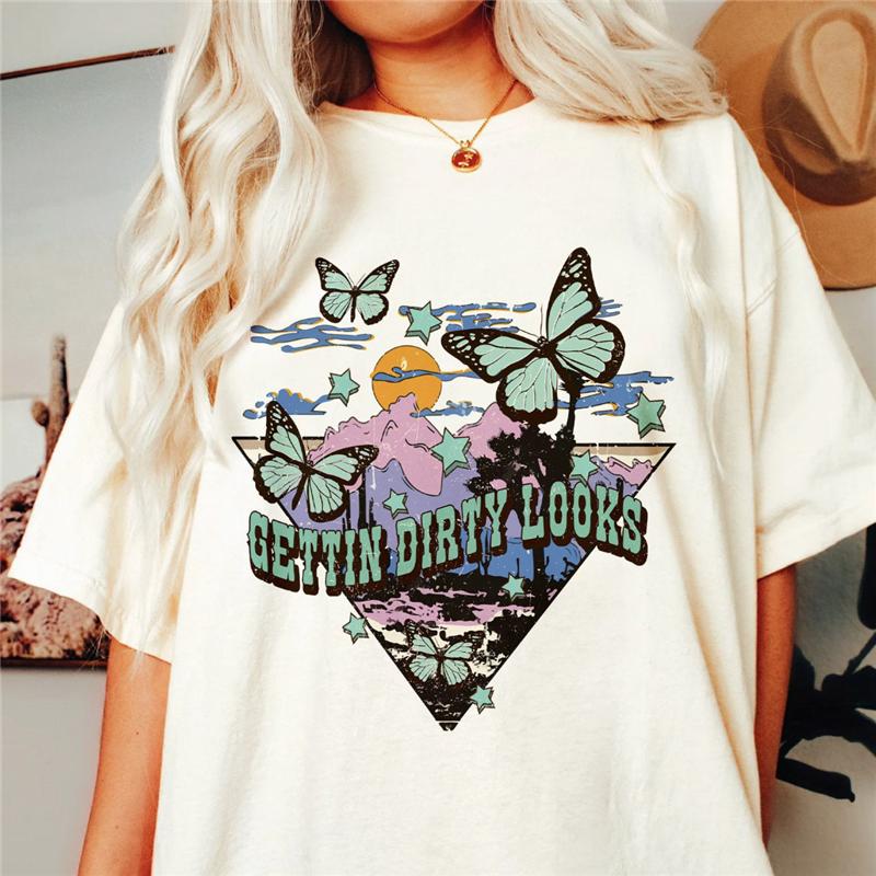 Western Denim Print T-shirt Plus Size Women Pure White Clothing Casual Trendy Short Sleeve Female O-Neck Oversize Tees
