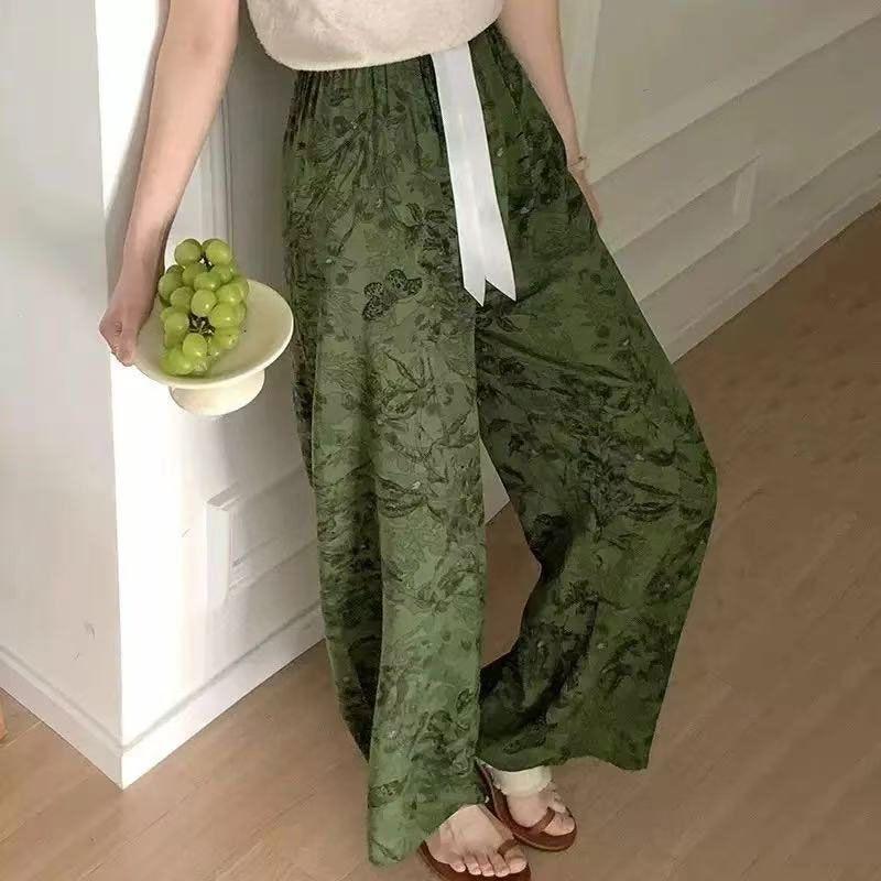 Summer Women Printed Wide Leg Pants High Waist Loose Fit Casual Floral Trousers for Outdoor Walking