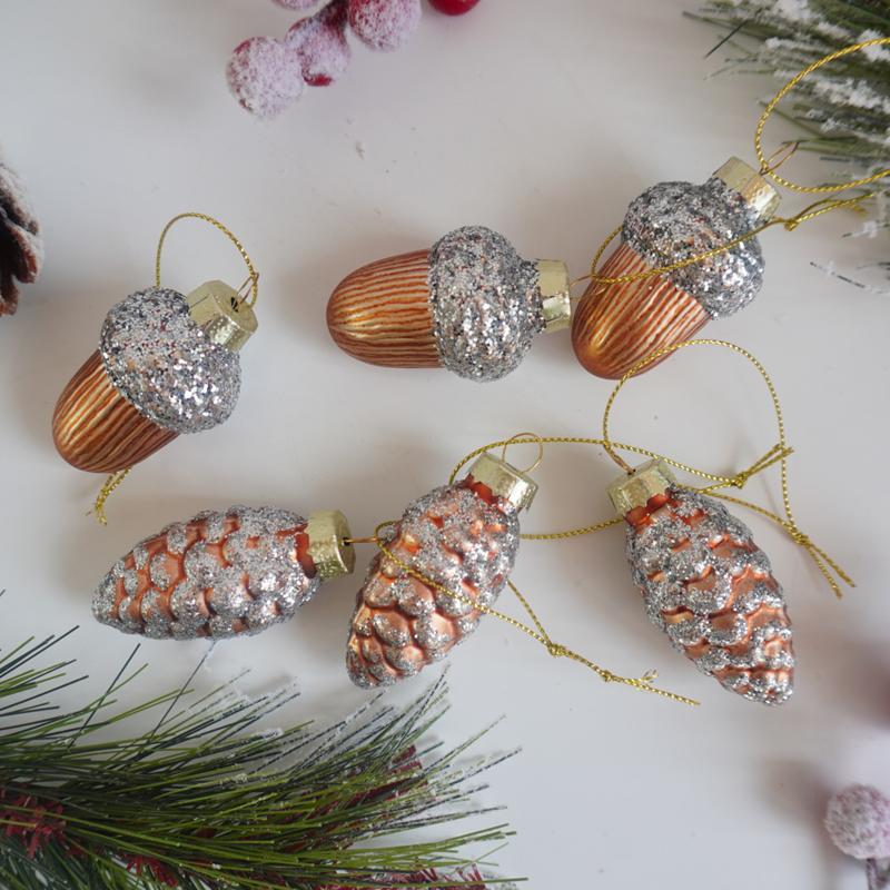 1Set Small Christmas Tree Ornament Glass Pinecones Acorns Christmas Pendant Glass Ornament 2024 Decoration Home Party New Year