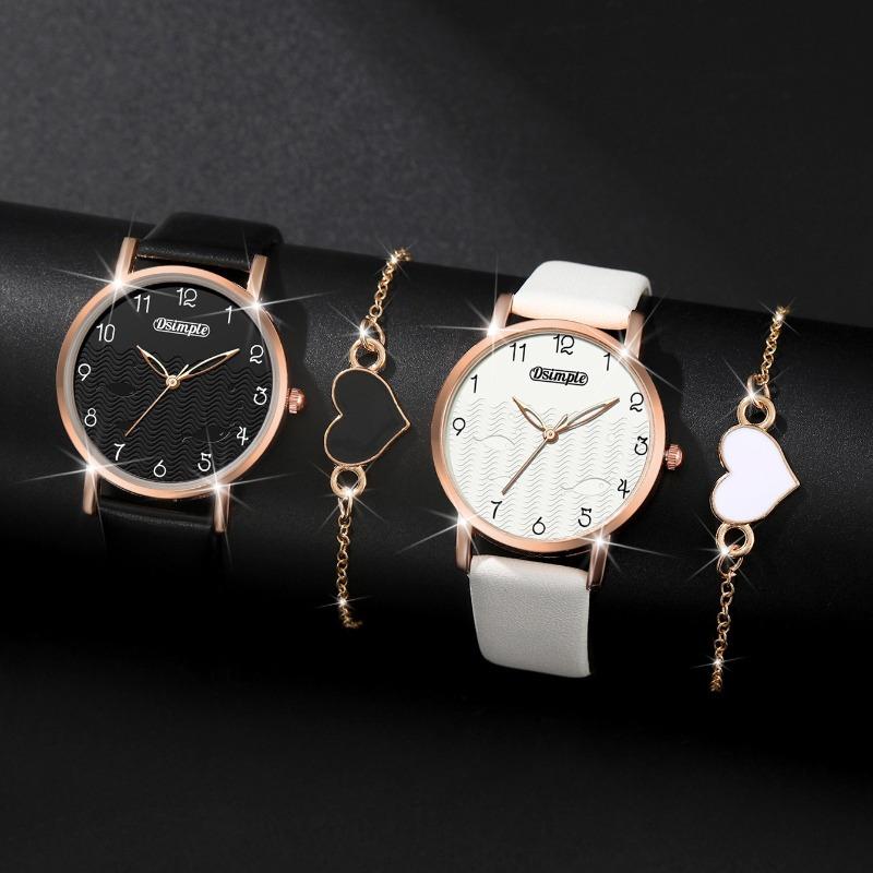 

4 шт./набор из 2 модных парных кварцевых часов, аналоговых наручных часов из искусственной кожи и 2 браслетов в форме сердца, подарок на день святого Валентина для него и для нее