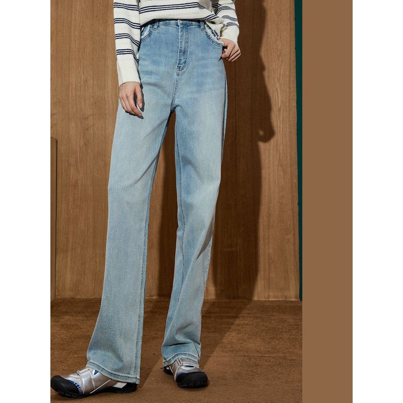Coolhut2025 Autum Women's Fashionable Wide-Leg Pants Light Blue Straight-Leg American Retro Loose and Versatile Jeans