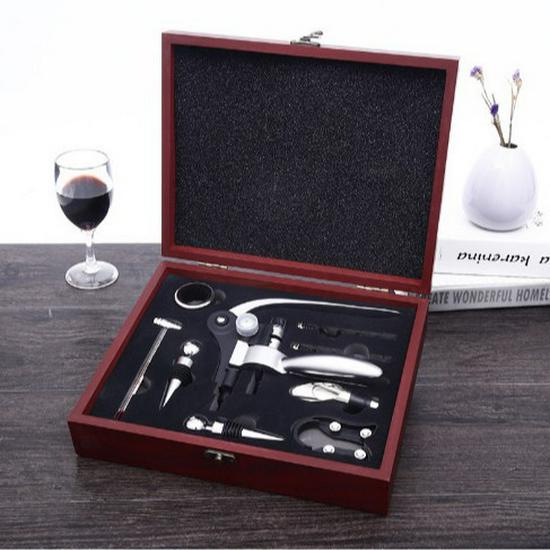 Premium Wine Opener Gift Set: Stainless Steel Pourer, Leather & Wooden Box, Waiter's Knife Corkscrew Barware
