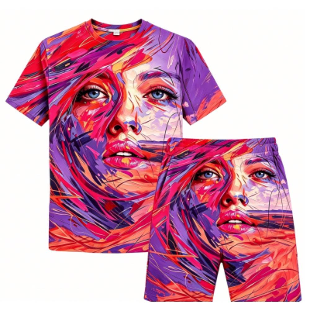 Funny Graffiti Face Printed Outdoor Street 12 Colors Kids T-shirt and Shorts 2 Piece Set Summer Home Casual Outfit Boy and Girl s Sports Set 100