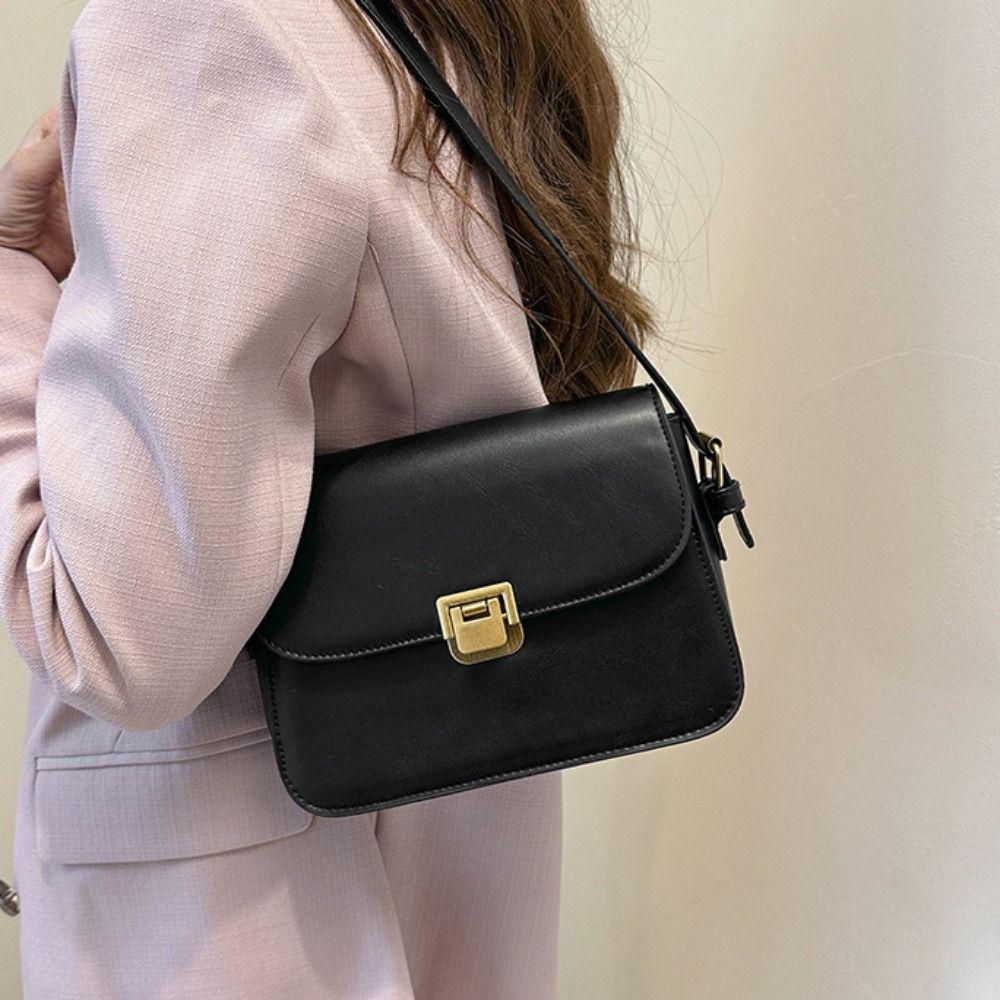 Vintage Buckle Shoulder Bag Solid Color Women's Armpit Bag Korean Small Square Bag  Female