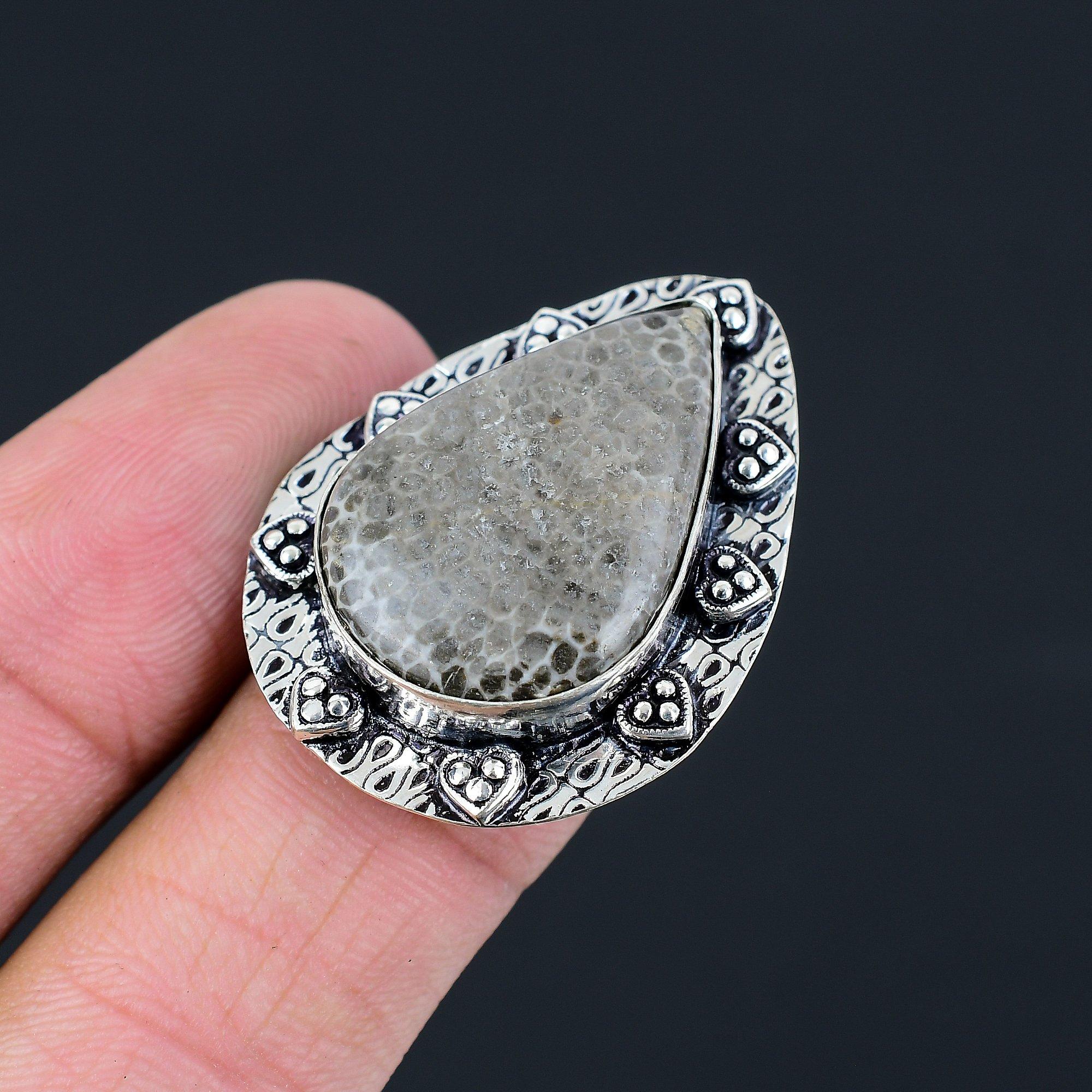 

Natural Stingray Coral Gemstone 925 Silver Stackable Ring Size 6 For Women 6