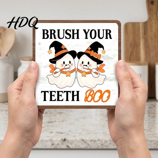 Bathroom Countertop Ornament Halloween Wooden Table Sign, Cute Spooky Ghost Plaque with Autumn Home Decorations Metal Stand for Kitchen Shelf