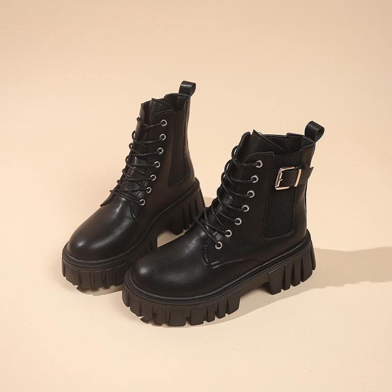 Fashion Block Heel Platform Single Boots Women's Autumn New Versatile Round Toe Front Lace-up British Style Small Booties