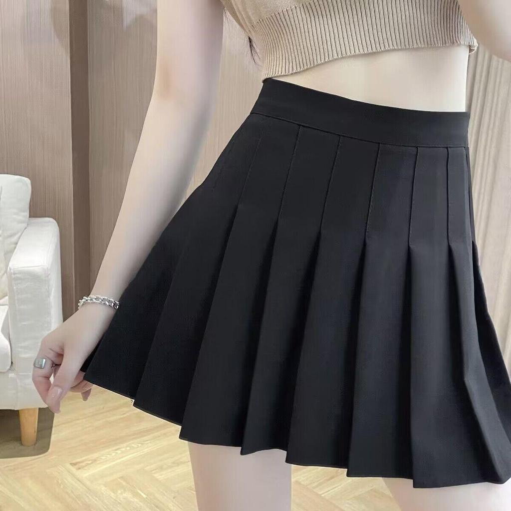 Women's Versatile High Waist Pleated Midi Skirt - Spring/Summer Preppy Style with Slimming Fit and Built-in Safety Shorts