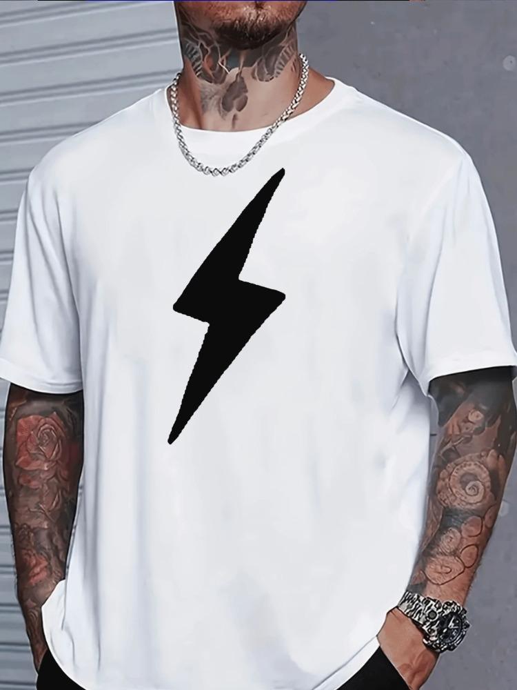 Unisex White Crew Neck Tee Lightning Bolt Pattern Print Oversized Short Sleeve Unisexs Summer Streetwear Casual Daily Basic Wear Top