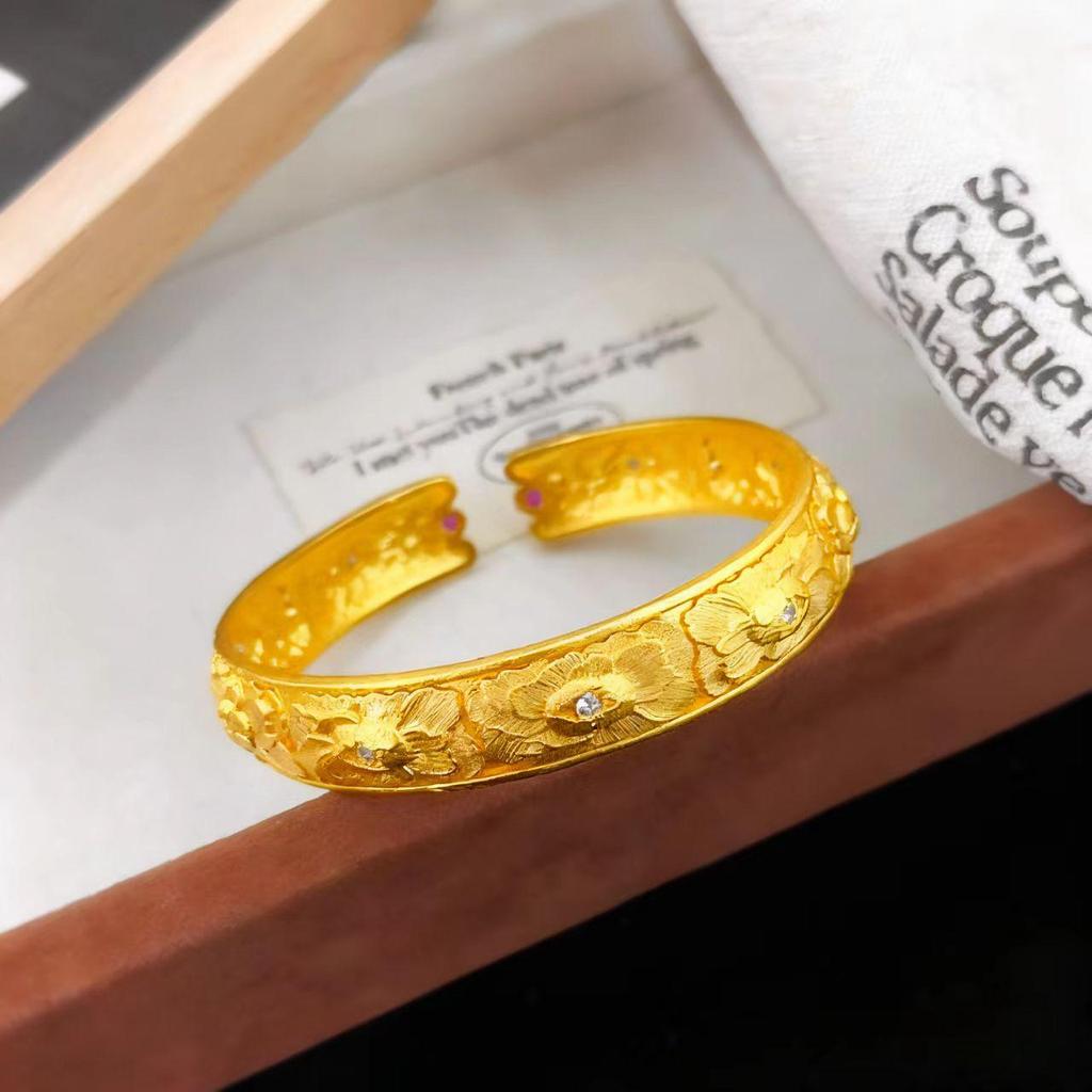 Gold Engraved Peony Flower Open Bangle Bracelet - National Style Copper Jewelry