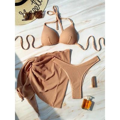 With Beach Sarong Bra Cup Wrinkled Bikini Female Swimsuit Women Swimwear Three-pieces Bikini Set Push Up Bathing Suit Swim Lady