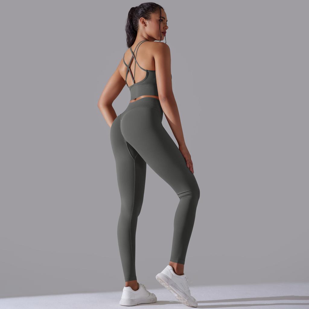 New High Waist Peach Hip Tight Pants Set, Sports Back Yoga Clothes, Running Training Fitness Set, Two Piece Set For Women