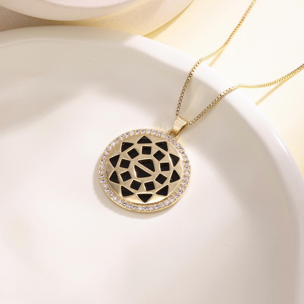 Nidin Geometric Mosaic Round Disk Pendant Necklace For Women Vintage Black Crystal Zircon Choker Trendy Statement Jewelry Gifts