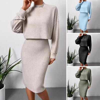 2 Pcs/Set Women Top Dress Suit Mock Collar Thread Long Sleeve Sweater