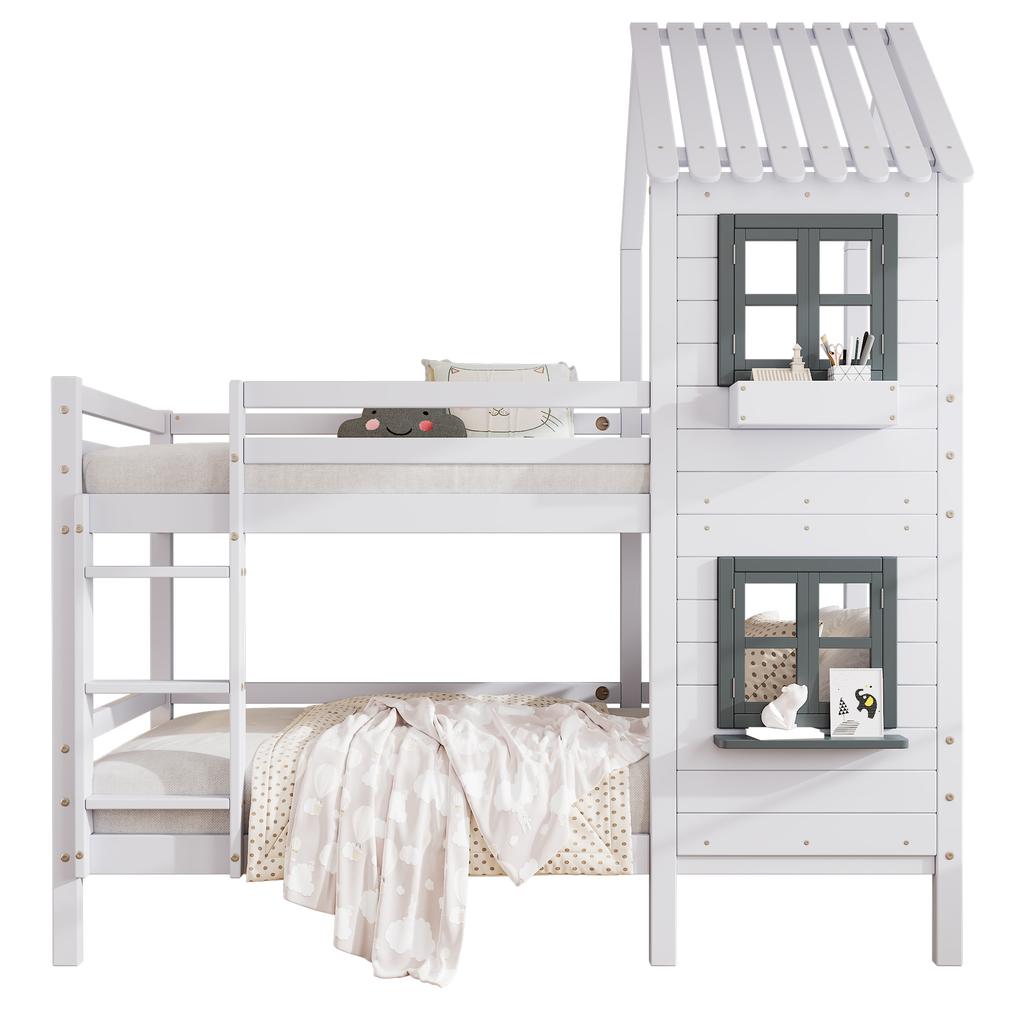 [29590567WAA]Bunk Bed with Handrail and Window, House Bed, Children's Bed with Fall Protection and Guard Rail, Pine Frame, White (90x200cm)