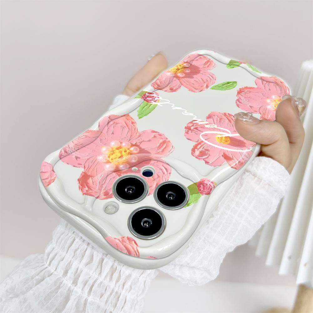 For iPhone 16 15 14 13 12 Samsung S24 S23 S22 A06 A13 A14 A15 A16 A55 Redmi Note 13 12 Pink Flowers Pattern Soft Silicone Wave Edge Phone Case