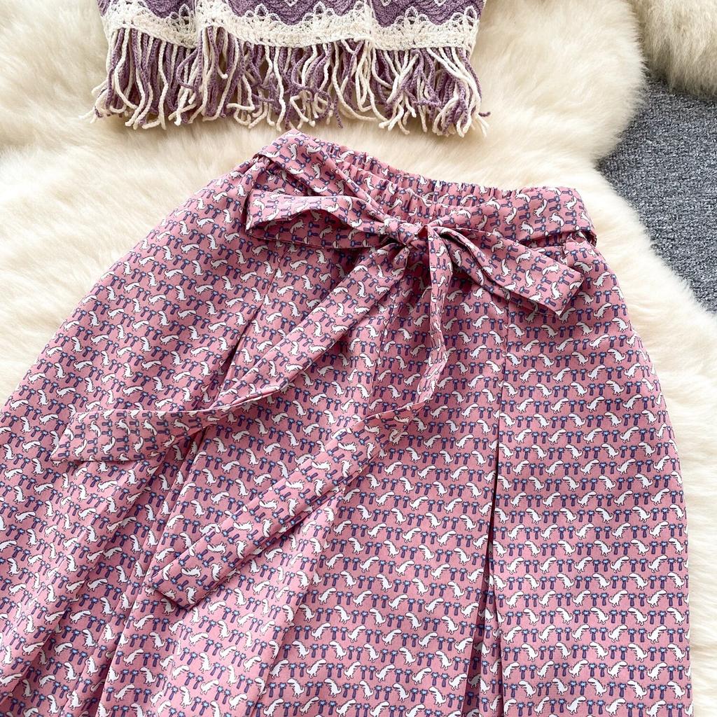 Bohemian Seaside Holiday Sle Zweiteiliger Anzug mit Wellenmuster, Camisole-Ärmel, vielseitiges, geschlitztes Hosenset mit weitem Bein