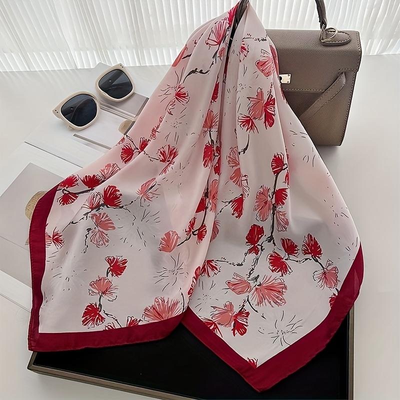 27.6inch Elegant Floral Print Square Scarf Soft Satin Neck Scarf Fashion Accessory Professional Versatile Small Scarf