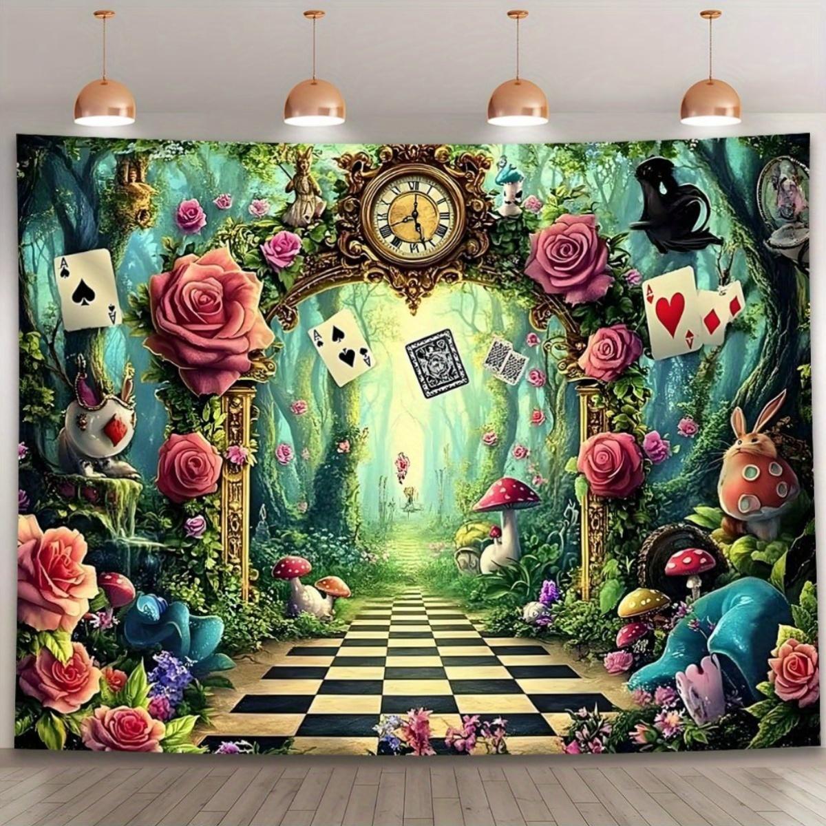 Alicja w Krainie Czarów Gobelin Ścienny Dekoracja Ogrodu Leśnego Fantazji Ścieżka Szachowa Różany Zegar Dekoracja Pokoju w Temacie Alicji Płaski Druk 2D 100X150CM