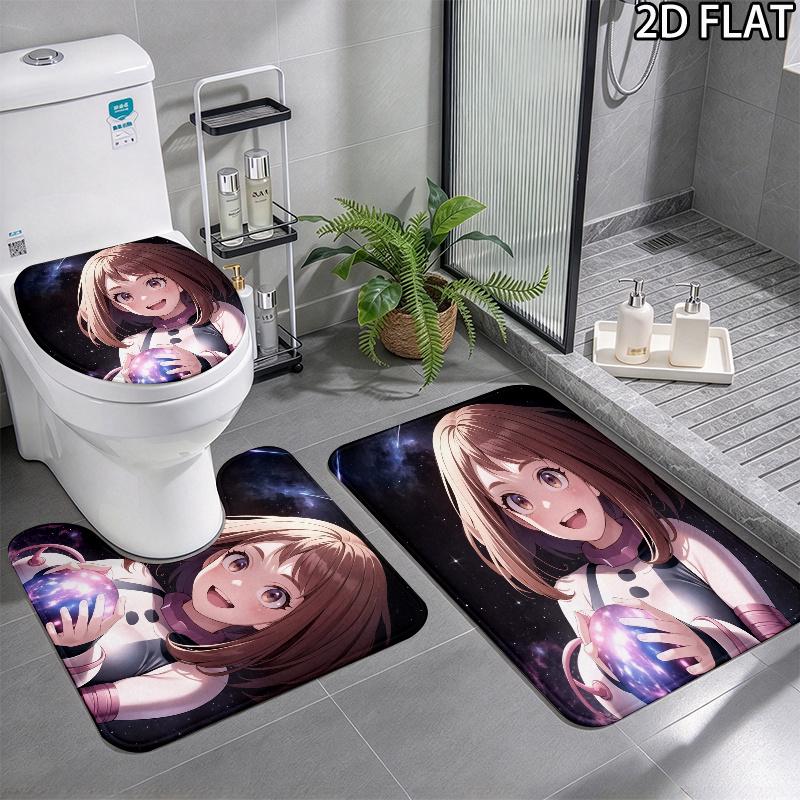 3pcs Ochaco Uraraka Pattern Flannel Nonslip Absorbent Washable Decorative Bathroom Home Toilet Seat Cover Mat