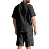 Summer Linen Suit Men's Striped Jacquard Loose Short Sleeve Shirt Beach Shorts Two-piece Set