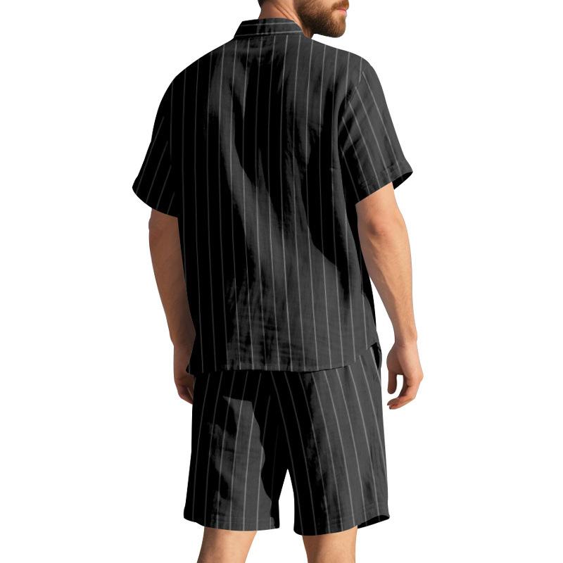 Summer Linen Suit Men's Striped Jacquard Loose Short Sleeve Shirt Beach Shorts Two-piece Set