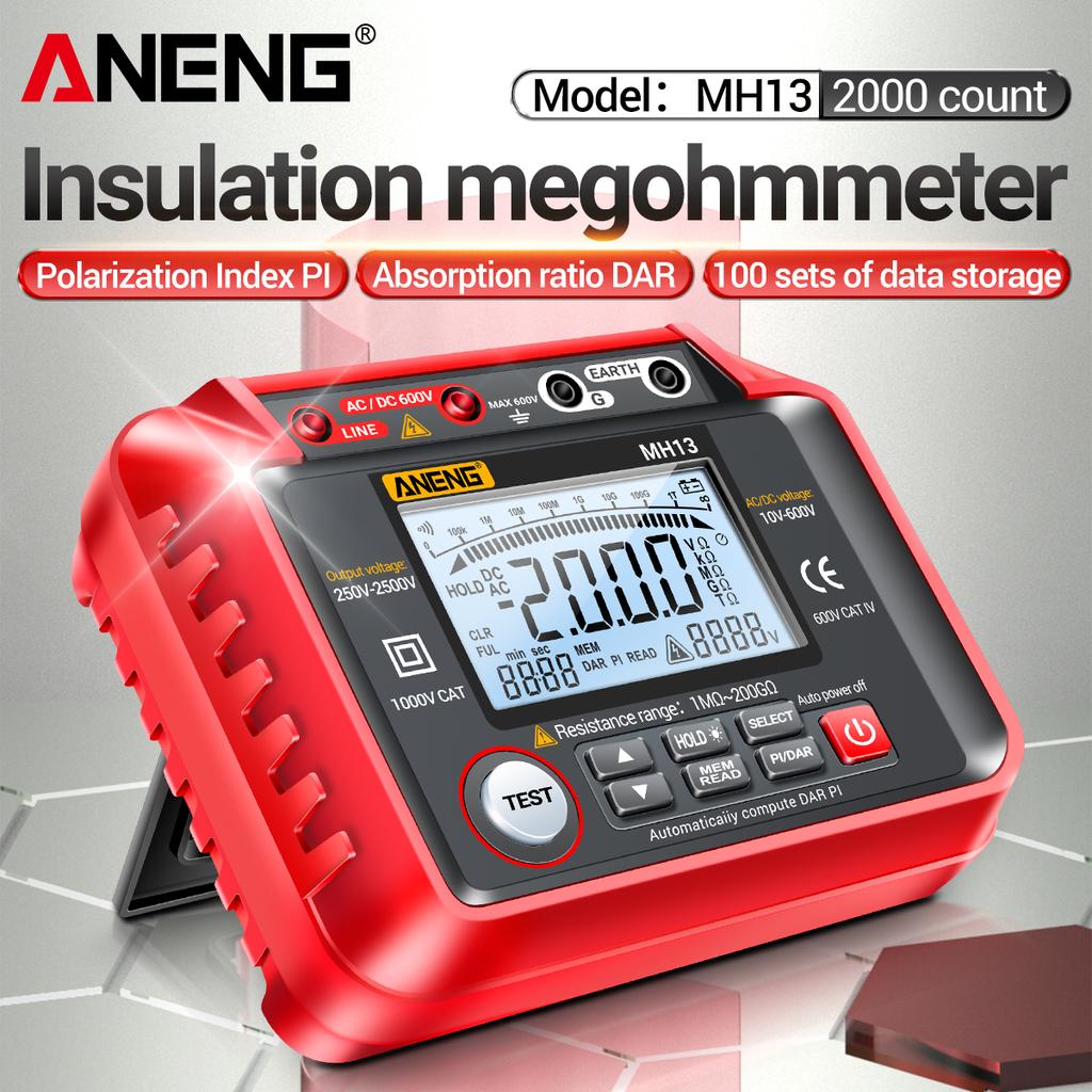 MH13 250V-2500V Digital Insulation Resistance Tester 1M Ohm -200G Ohm Megohm Testing Meter Auto Range 2000 Counts LCD Display 10V.600V ACCelsi