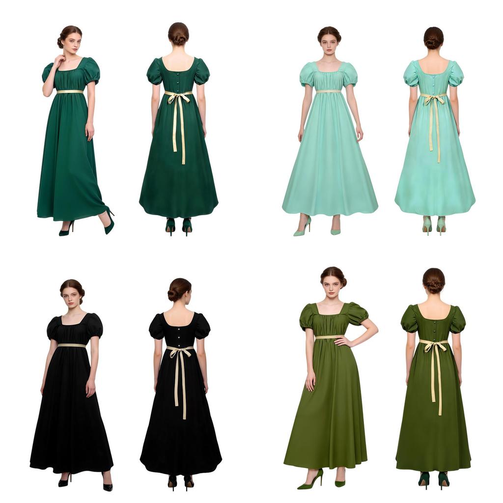 Regency Style Long Dress With Bubble Sleeves In Multiple Colors For Historical Reenactments And Events