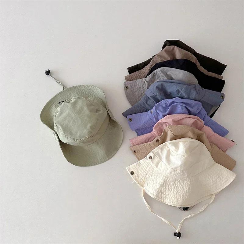 Summer Quick Dry Kids Bucket Hat Solid Color Boys Girls Fisherman Hats For Children Drawstring Outdoor Beach Panama Sun Cap