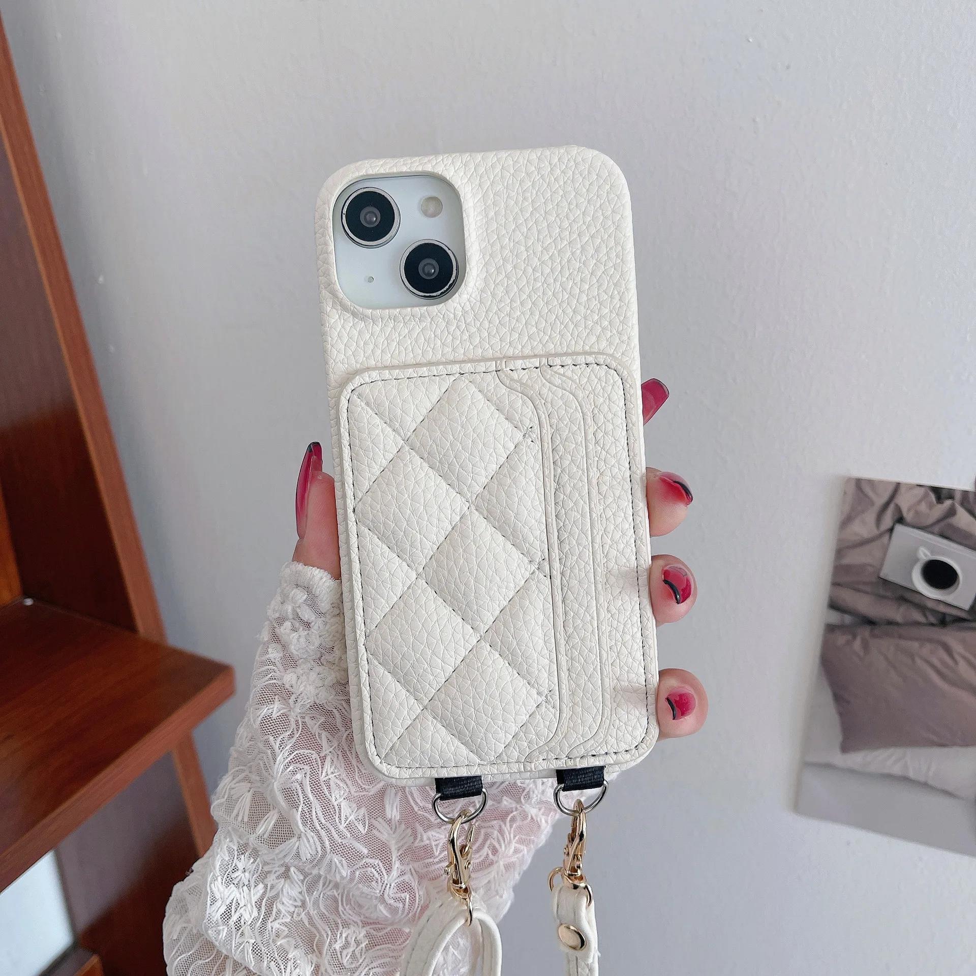 

Роскошный чехол-кошелек с ремешком через плечо и держателем для карт для IPhone 15 14 Plus 13 12 11 Pro Max с кожаной крышкой iPhone 15 Pro белый