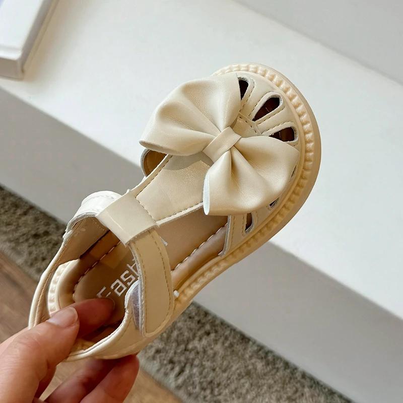Little Girl's Sandals Hollow-out Bowknot Khaki Beige Cute Kids Sliders Hook-loop Cover Toe T-strap Stylish Children Shoes 23-36